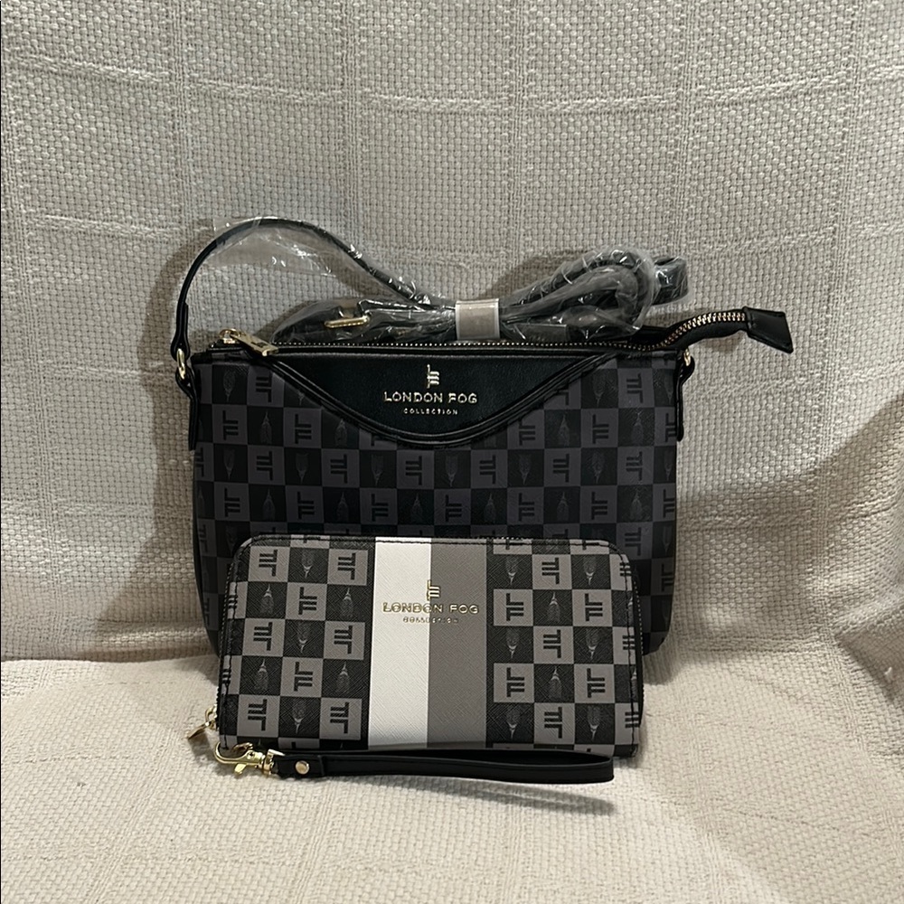 LONDON FOG Black and Gray Crossbody Bag with Matching Wallet